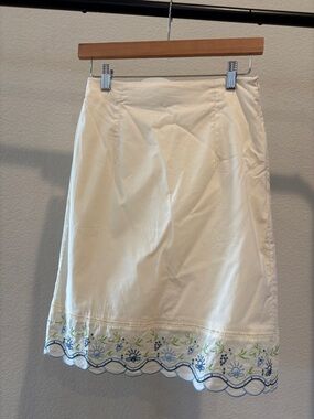Cream A-Line Skirt with Blue & Green Embroidered Hem